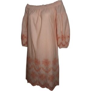 Vince Camuto Orange White Seersucker Off Shoulder Tropical Eyelet Dress Size 12